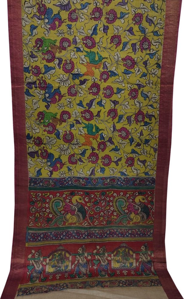 Multicolor Pen Kalamkari Pure Tussar Silk Saree - Luxurion World