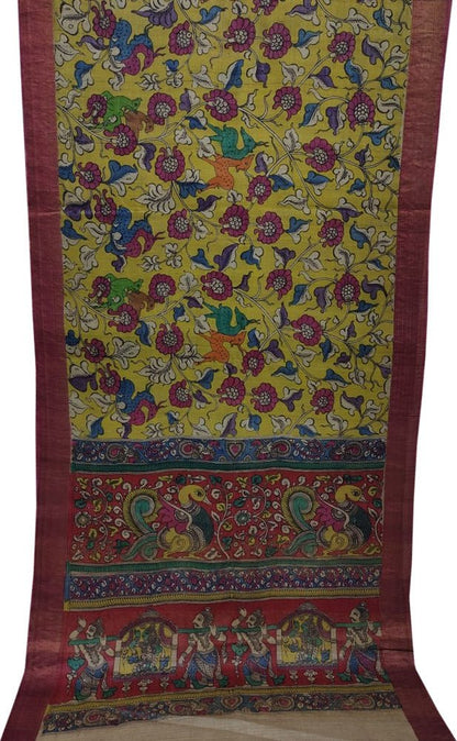 Multicolor Pen Kalamkari Pure Tussar Silk Saree - Luxurion World