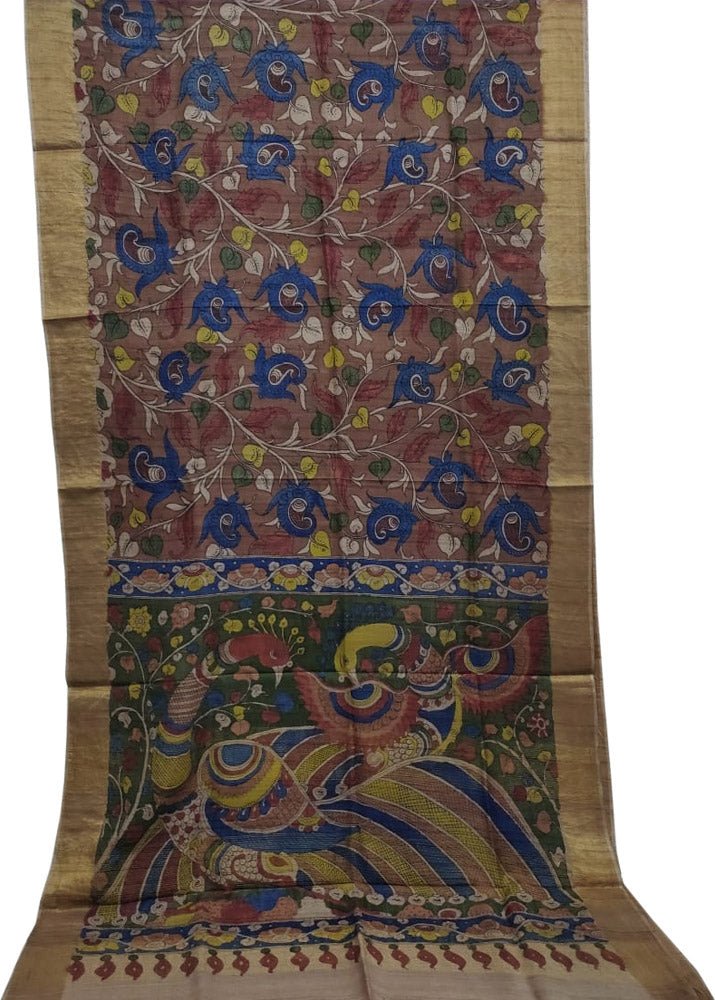 Multicolor Pen Kalamkari Pure Tussar Silk Saree - Luxurion World
