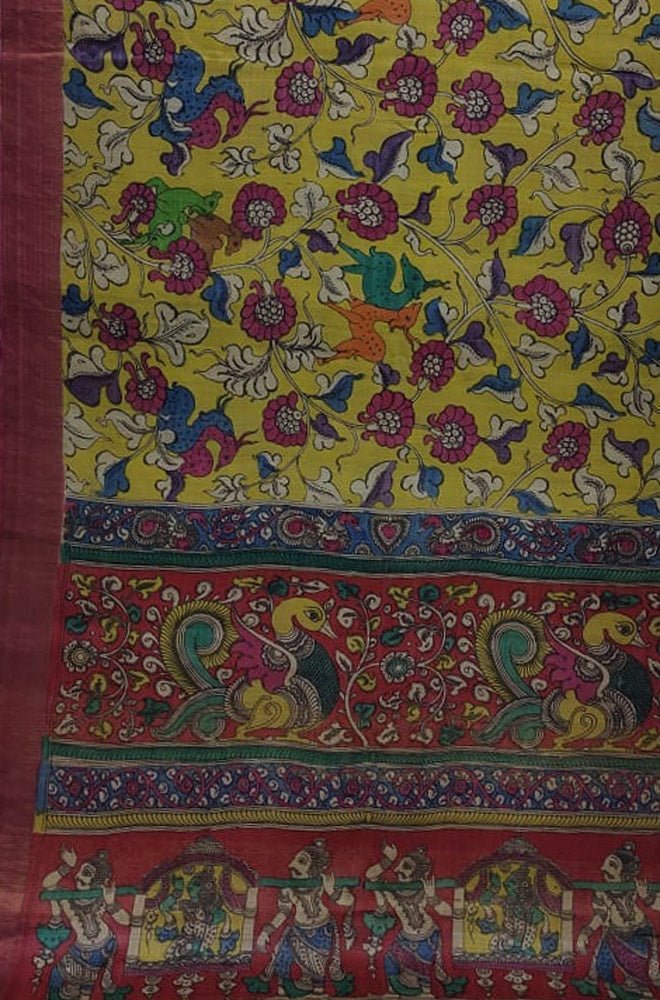 Multicolor Pen Kalamkari Pure Tussar Silk Saree - Luxurion World