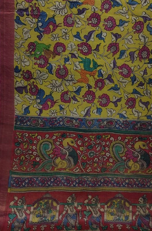 Multicolor Pen Kalamkari Pure Tussar Silk Saree - Luxurion World