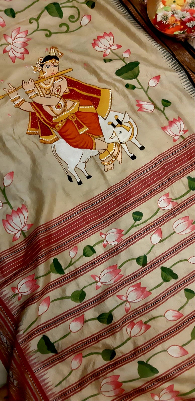 Multicolor Pichhwai Hand Painted Tussar Silk Saree - Luxurion World