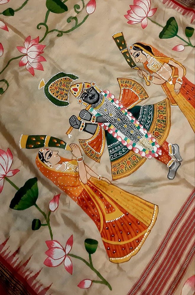 Multicolor Pichhwai Hand Painted Tussar Silk Saree - Luxurion World