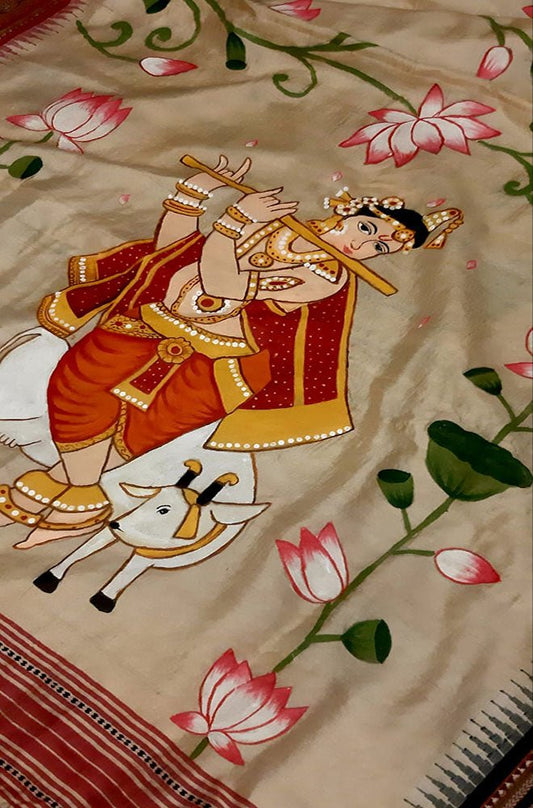 Multicolor Pichhwai Hand Painted Tussar Silk Saree - Luxurion World