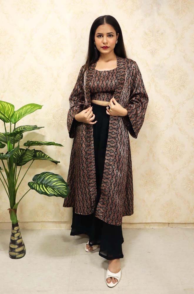 Multicolor Pure Mashru Silk Sleeveless Top With Full Length Jacket And Georgette Palazzo - Luxurion World