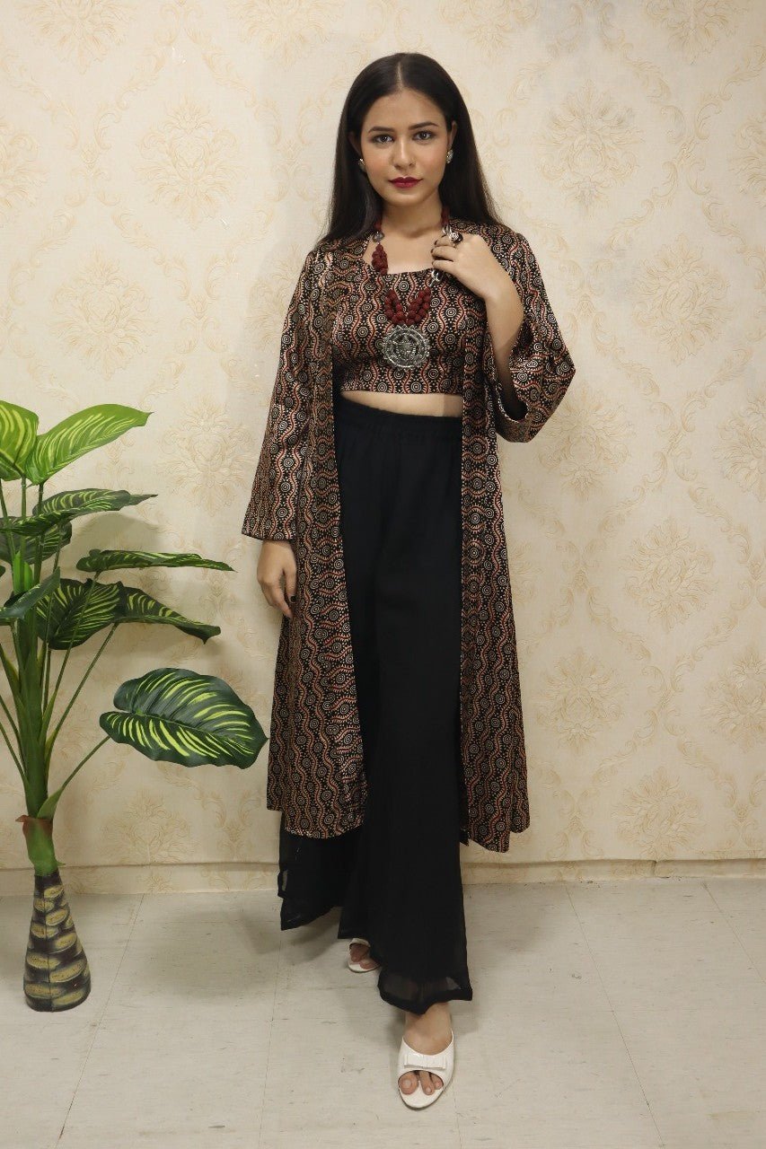 Multicolor Pure Mashru Silk Sleeveless Top With Full Length Jacket And Georgette Palazzo - Luxurion World