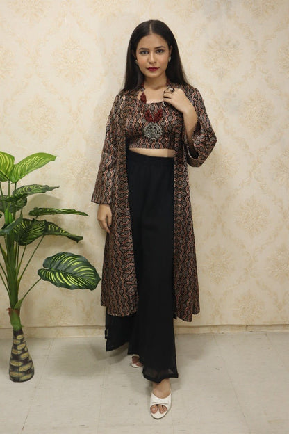 Multicolor Pure Mashru Silk Sleeveless Top With Full Length Jacket And Georgette Palazzo - Luxurion World