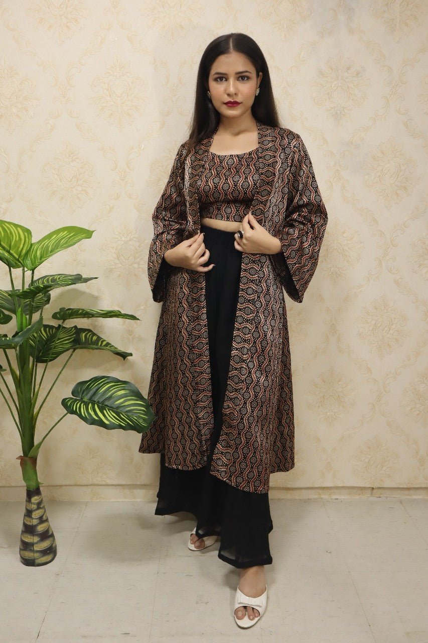 Multicolor Pure Mashru Silk Sleeveless Top With Full Length Jacket And Georgette Palazzo - Luxurion World