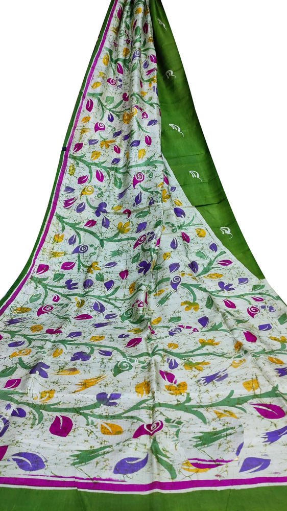 Off White And Green Hand Batik Silk Leaf Design Saree - Luxurion World