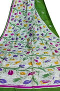Off White And Green Hand Batik Silk Leaf Design Saree - Luxurion World