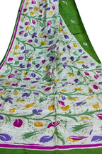 Off White And Green Hand Batik Silk Leaf Design Saree - Luxurion World
