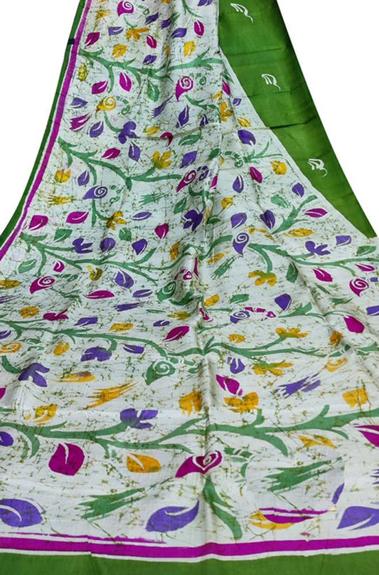 Off White And Green Hand Batik Silk Leaf Design Saree - Luxurion World