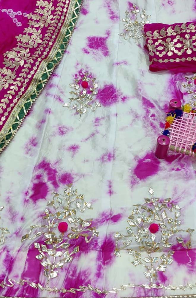 Off White And Pink Hand Gota Patti Work Chinon Lehenga Set - Luxurion World