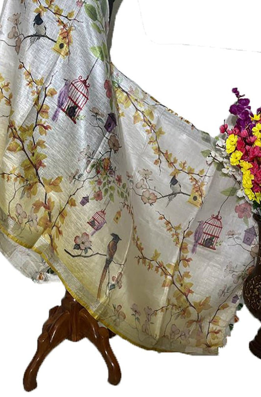 Off White And Yellow Digital Printed Linen Dupatta
