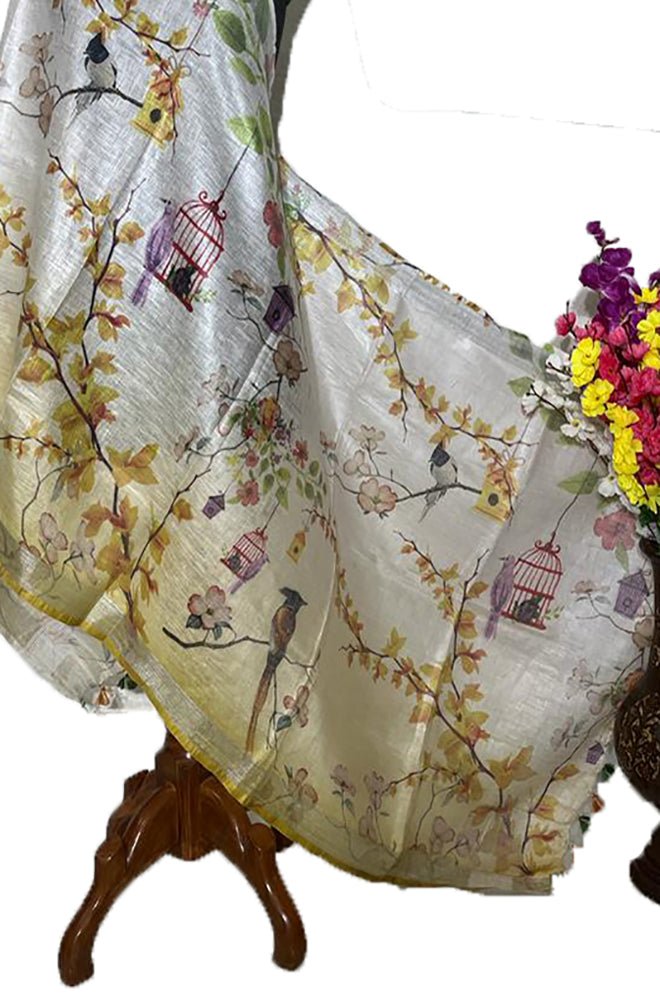 Off White And Yellow Digital Printed Linen Dupatta - Luxurion World