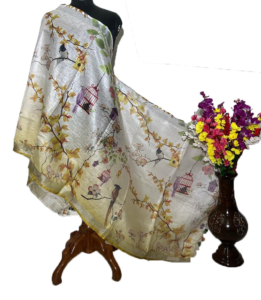 Off White And Yellow Digital Printed Linen Dupatta - Luxurion World