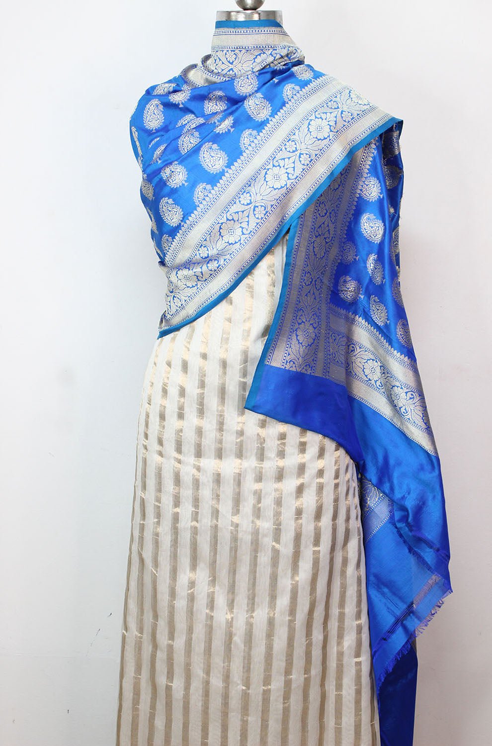 Off White Banarasi Chanderi Silk Suit With Blue Handloom Banarasi Pure Katan Silk Dupatta - Luxurion World
