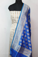 Off White Banarasi Chanderi Silk Suit With Blue Handloom Banarasi Pure Katan Silk Dupatta - Luxurion World