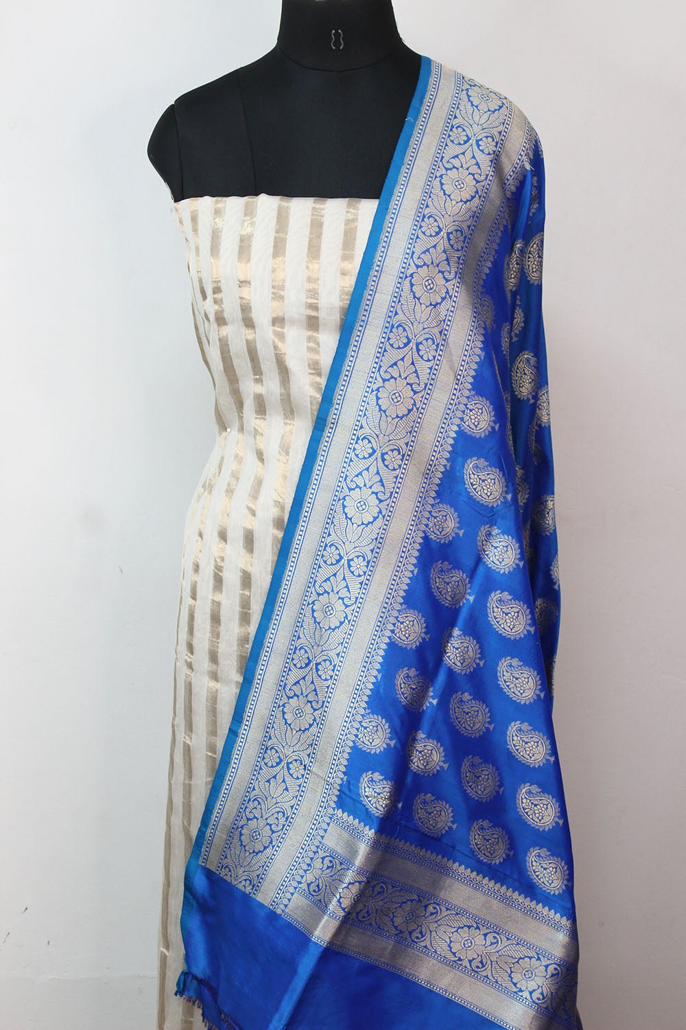 Off White Banarasi Chanderi Silk Suit With Blue Handloom Banarasi Pure Katan Silk Dupatta - Luxurion World