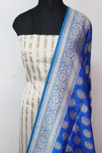Off White Banarasi Chanderi Silk Suit With Blue Handloom Banarasi Pure Katan Silk Dupatta - Luxurion World