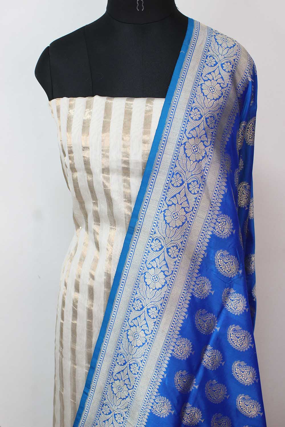 Off White Banarasi Chanderi Silk Suit With Blue Handloom Banarasi Pure Katan Silk Dupatta - Luxurion World