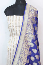 Off White Banarasi Chanderi Silk Suit With Blue Handloom Banarasi Pure Katan Silk Dupatta - Luxurion World