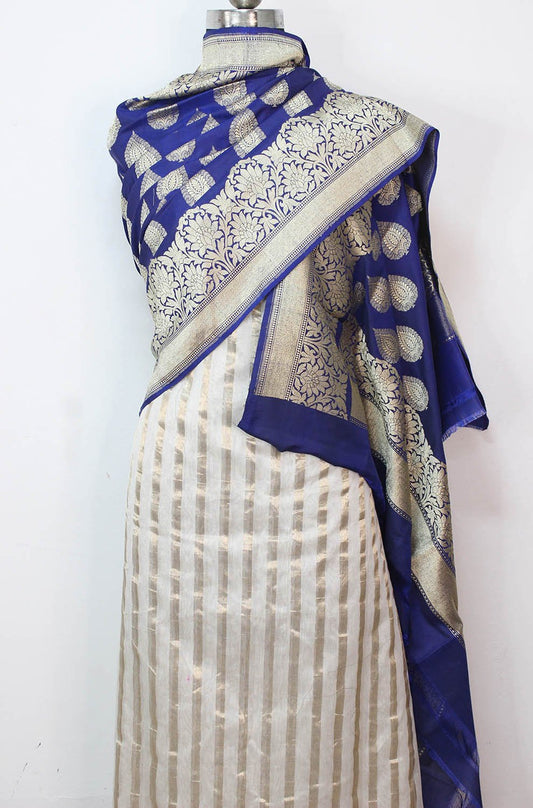 Off White Banarasi Chanderi Silk Suit With Blue Handloom Banarasi Pure Katan Silk Dupatta - Luxurion World