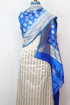 Off White Banarasi Chanderi Silk Suit With Blue Handloom Banarasi Pure Katan Silk Dupatta - Luxurion World