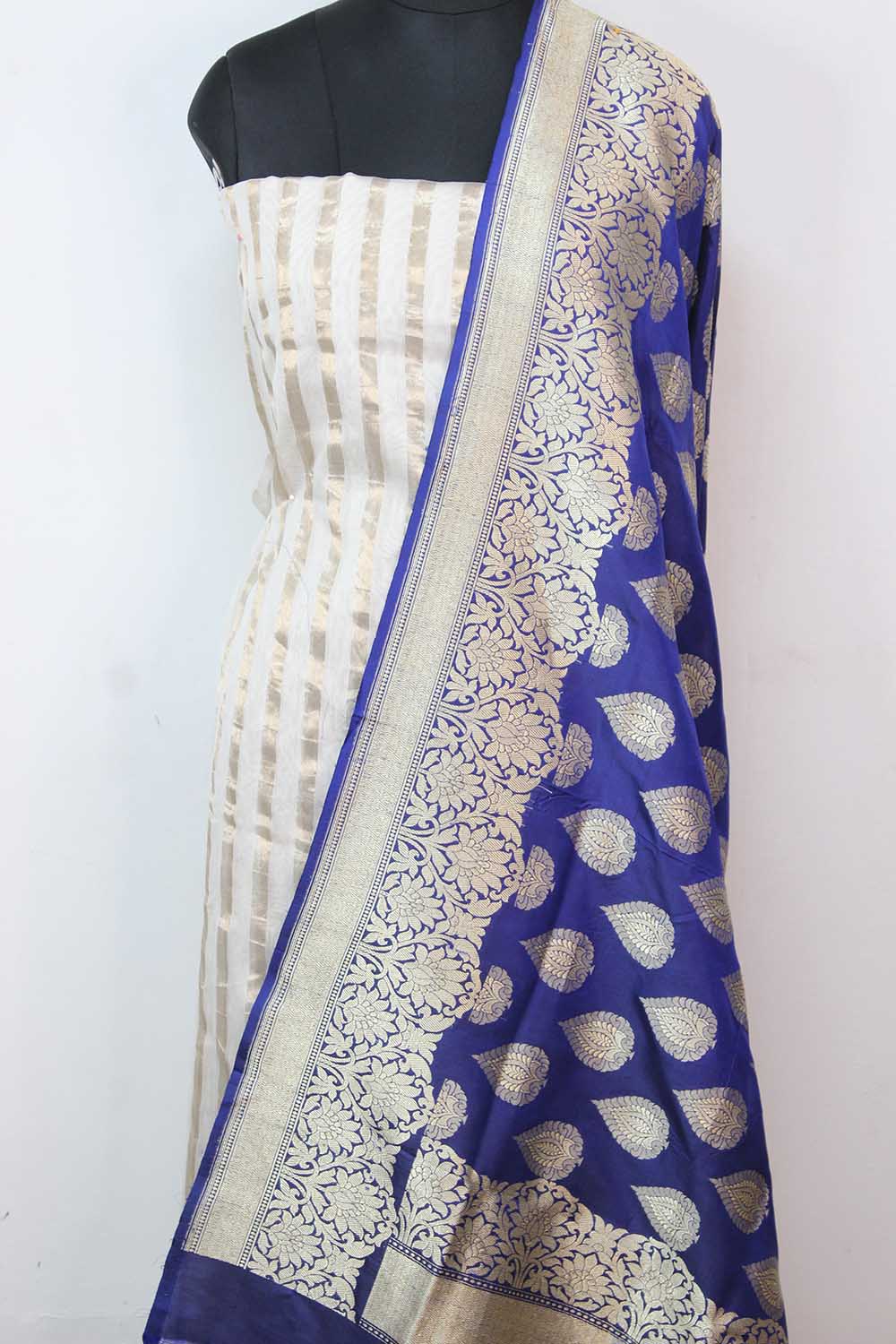 Off White Banarasi Chanderi Silk Suit With Blue Handloom Banarasi Pure Katan Silk Dupatta - Luxurion World