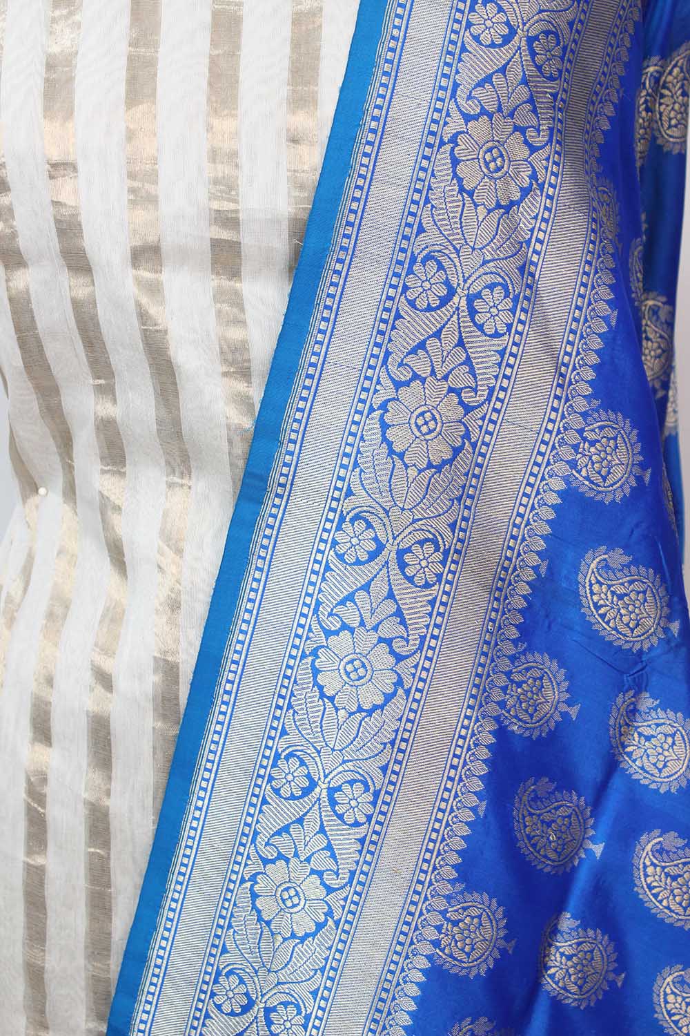 Off White Banarasi Chanderi Silk Suit With Blue Handloom Banarasi Pure Katan Silk Dupatta - Luxurion World