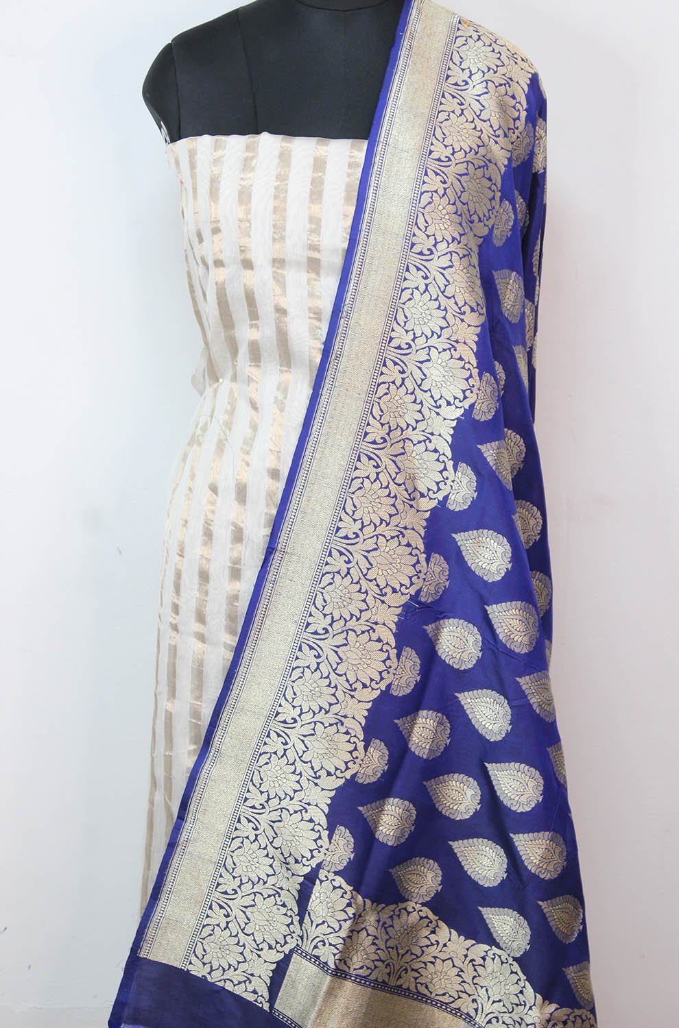 Off White Banarasi Chanderi Silk Suit With Blue Handloom Banarasi Pure Katan Silk Dupatta - Luxurion World