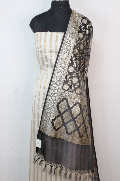 Off White Banarasi Chanderi Silk Suit With Grey Banarasi Organza Dupatta - Luxurion World