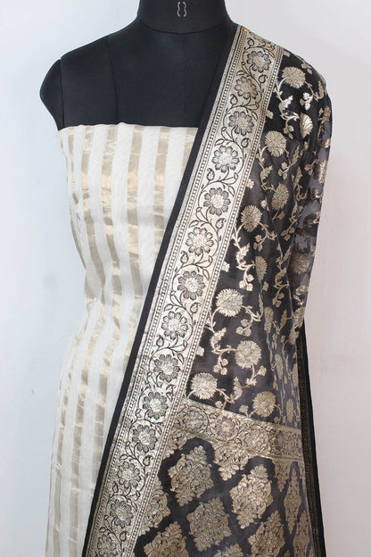 Off White Banarasi Chanderi Silk Suit With Grey Banarasi Organza Dupatta