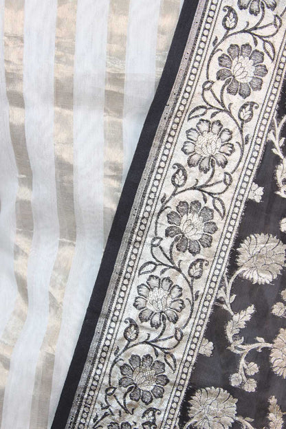 Off White Banarasi Chanderi Silk Suit With Grey Banarasi Organza Dupatta