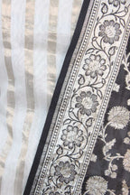Off White Banarasi Chanderi Silk Suit With Grey Banarasi Organza Dupatta - Luxurion World