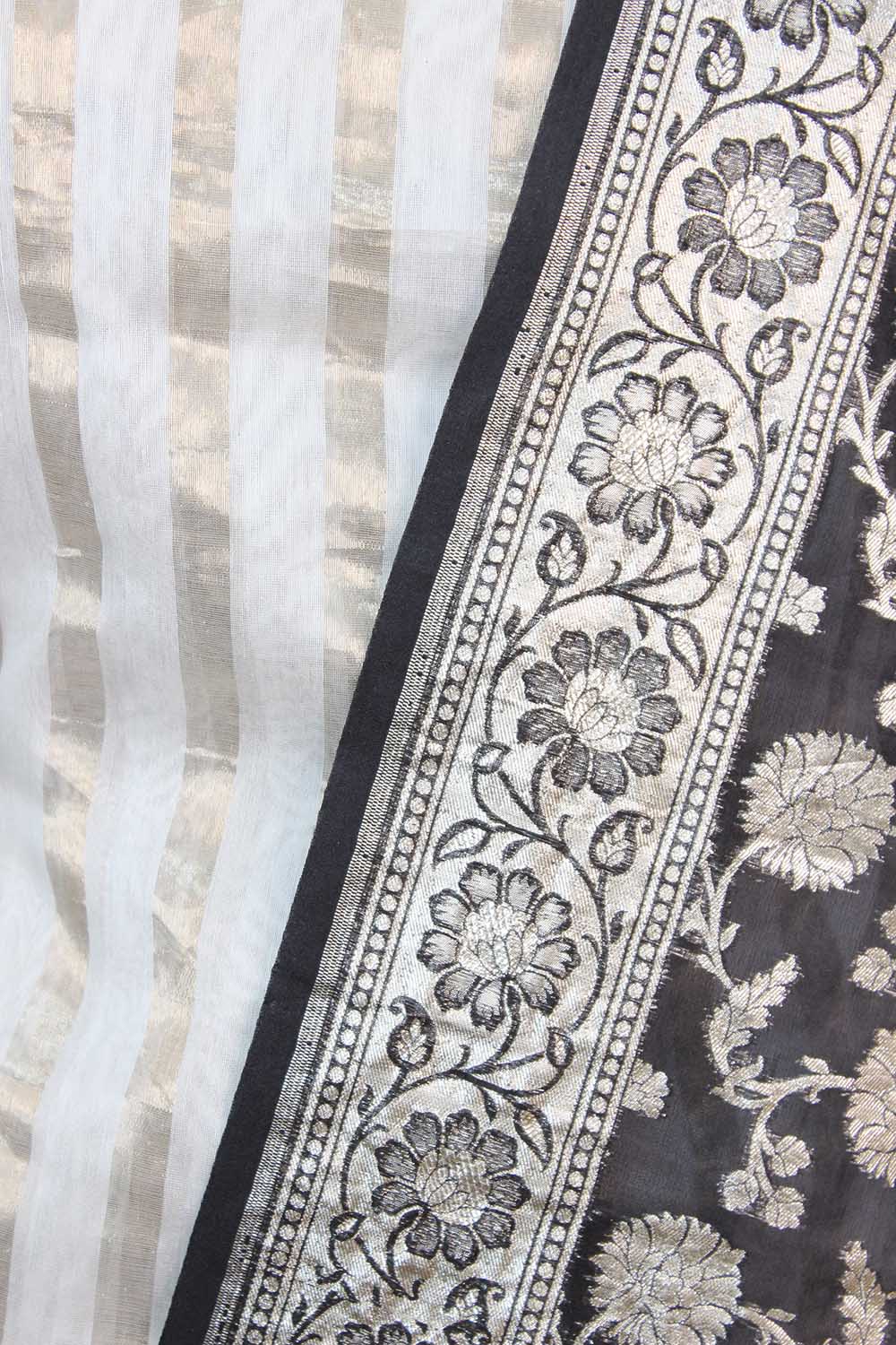 Off White Banarasi Chanderi Silk Suit With Grey Banarasi Organza Dupatta - Luxurion World