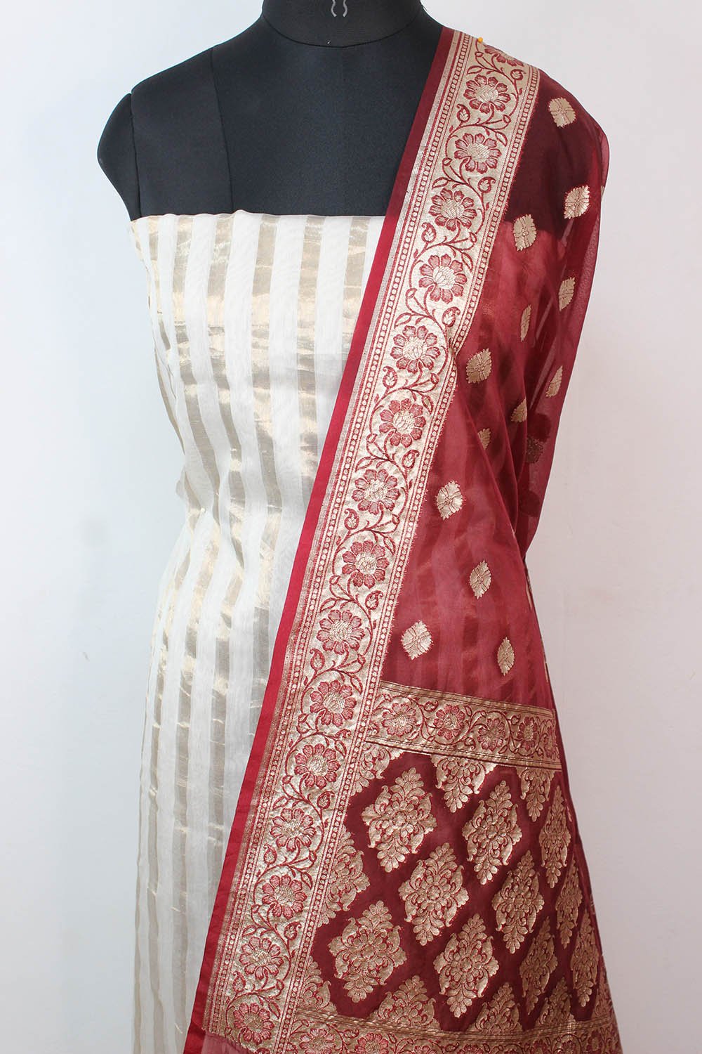 Off White Banarasi Chanderi Silk Suit With Maroon Banarasi Organza Dupatta