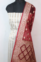Off White Banarasi Chanderi Silk Suit With Maroon Banarasi Organza Dupatta - Luxurion World