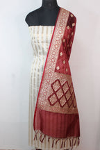 Off White Banarasi Chanderi Silk Suit With Maroon Banarasi Organza Dupatta - Luxurion World