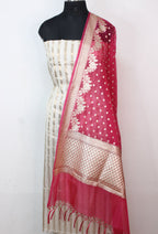 Off White Banarasi Chanderi Silk Suit With Pink Banarasi Organza Dupatta - Luxurion World