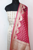 Off White Banarasi Chanderi Silk Suit With Pink Banarasi Organza Dupatta - Luxurion World