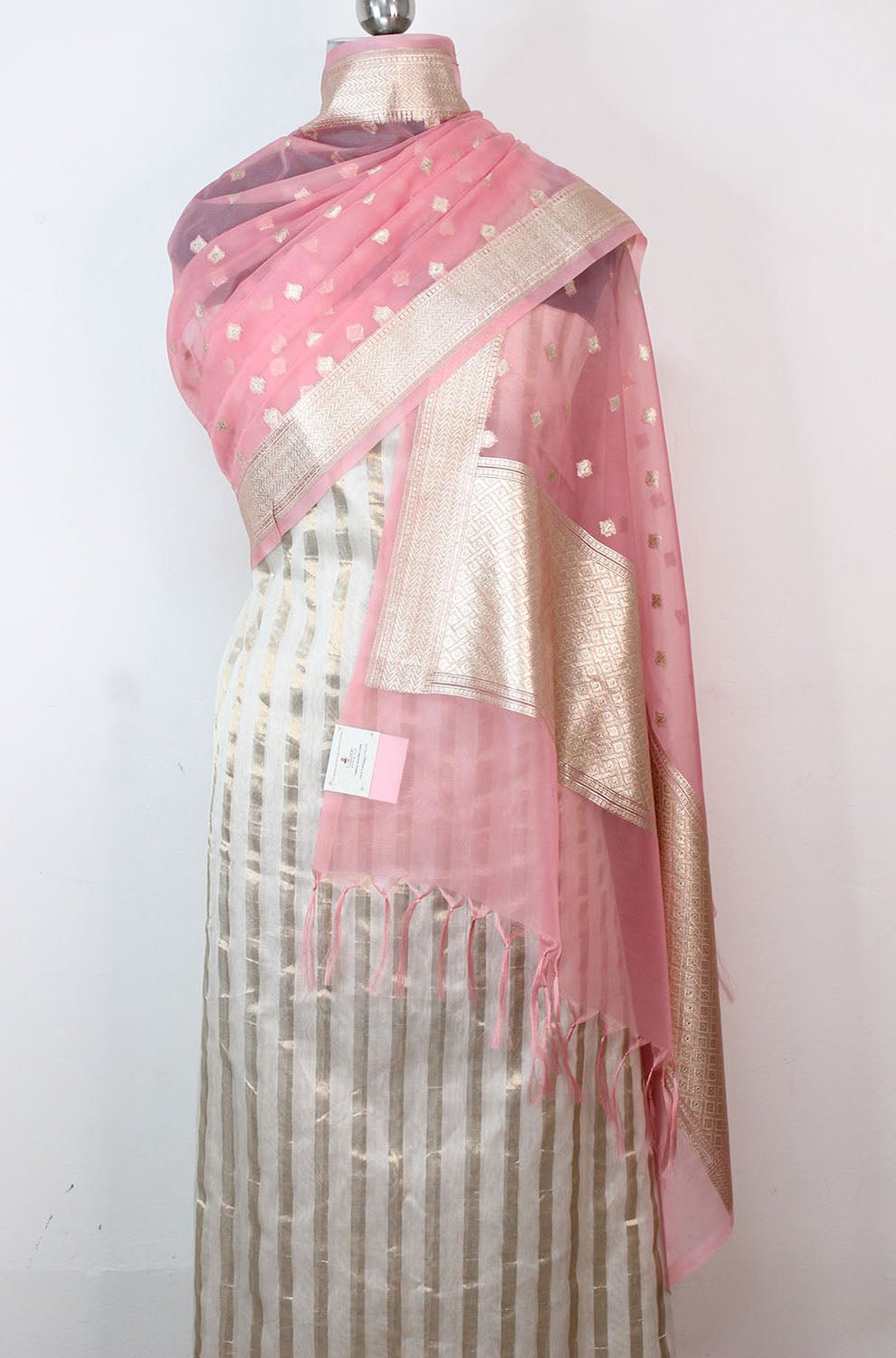 Off White Banarasi Chanderi Silk Suit With Pink Banarasi Organza Dupatta
