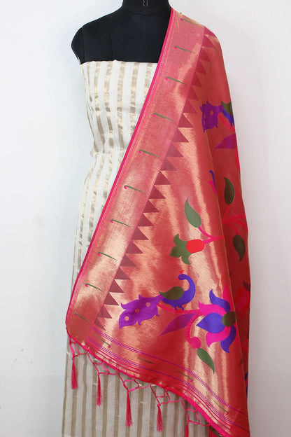 Off White Banarasi Chanderi Silk Suit With Pink Paithani Brocade Silk Dupatta - Luxurion World