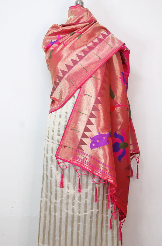 Off White Banarasi Chanderi Silk Suit With Pink Paithani Brocade Silk Dupatta