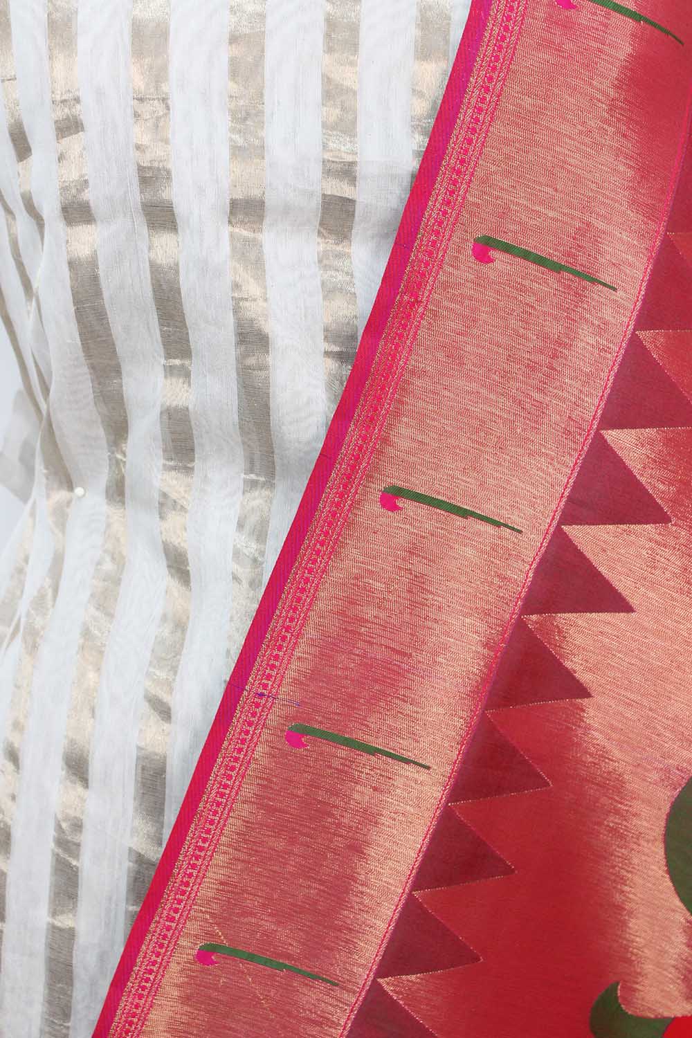 Off White Banarasi Chanderi Silk Suit With Pink Paithani Brocade Silk Dupatta - Luxurion World
