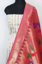 Off White Banarasi Chanderi Silk Suit With Pink Paithani Brocade Silk Dupatta - Luxurion World