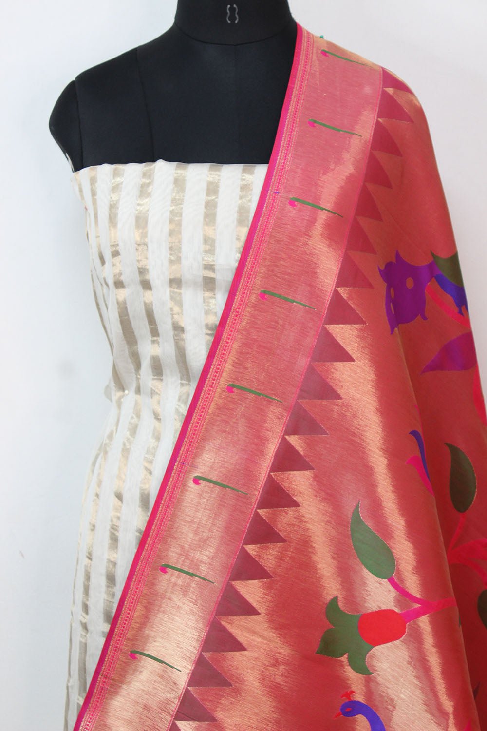 Off White Banarasi Chanderi Silk Suit With Pink Paithani Brocade Silk Dupatta - Luxurion World