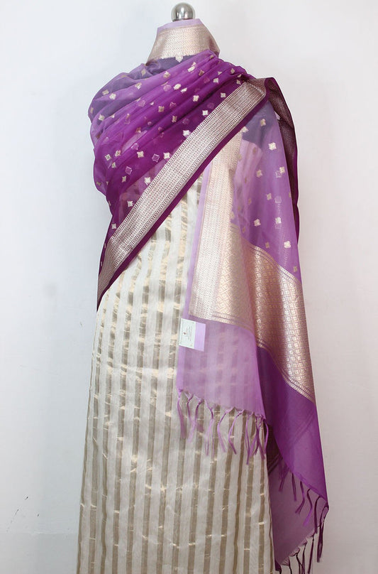 Off White Banarasi Chanderi Silk Suit With Purple Banarasi Organza Dupatta