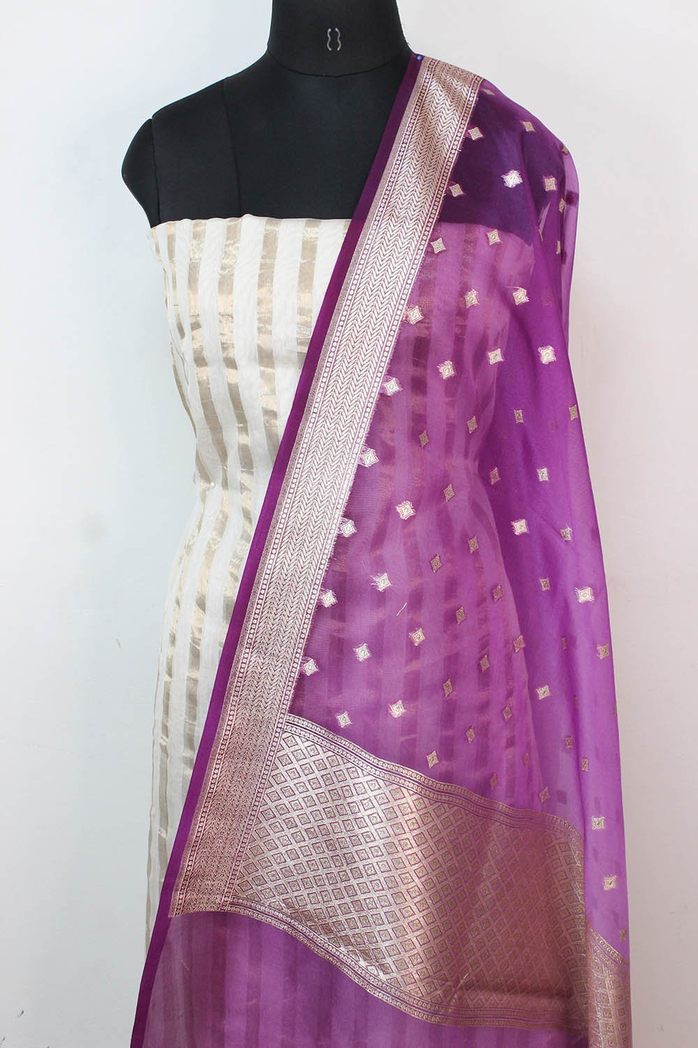 Off White Banarasi Chanderi Silk Suit With Purple Banarasi Organza Dupatta - Luxurion World