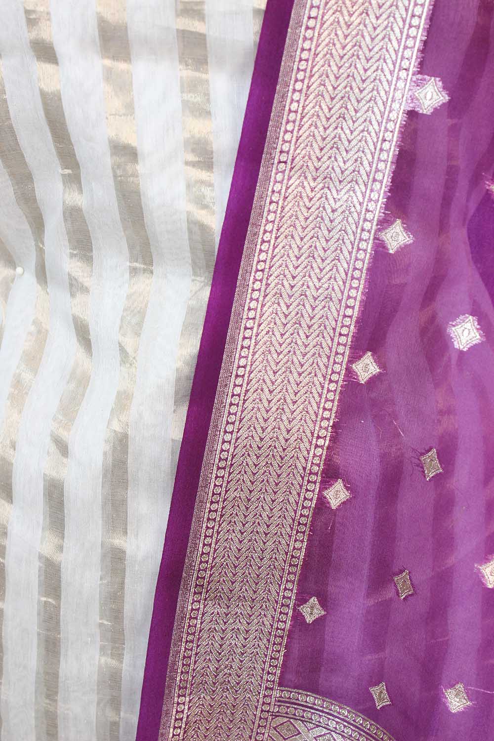 Off White Banarasi Chanderi Silk Suit With Purple Banarasi Organza Dupatta